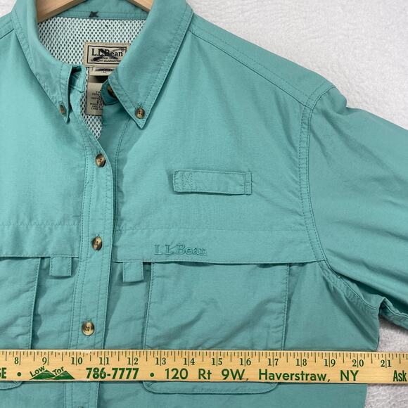 LL BEAN Shirt Womens M Vented Camp Fishing Roll Tab Sleeve Hunting Mesh Green - Picture 11 of 13